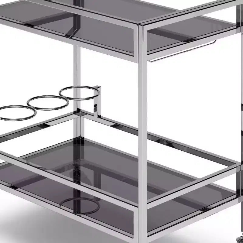 WyndenHall Snell Bar Cart Chrome: Modern Glass & Steel, Fixed Shelf, Indoor Use, 100 lbs Capacity