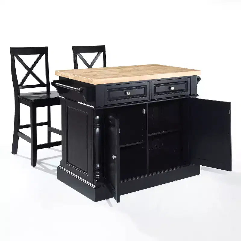 Crosley Oxford Kitchen Island with 2 X-Back Stools Black: Traditional Style, Towel Bar, 4 Shelves, 2 Drawers