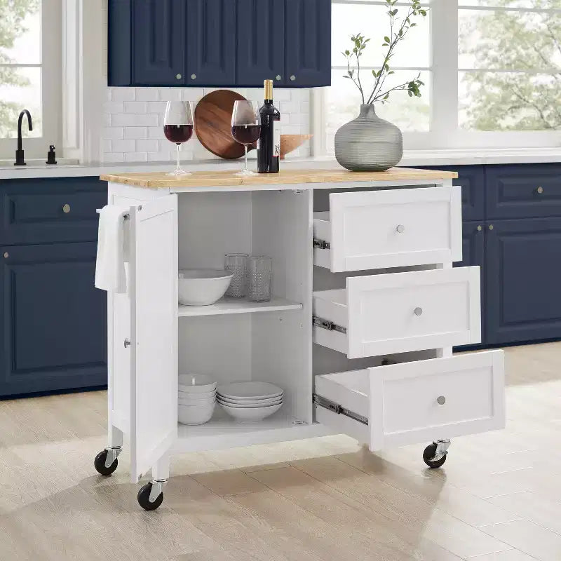 Soren Wood Top Kitchen Island/Cart Natural/White - Crosley: Adjustable Shelves, Mobile Cart Option, Shaker Style