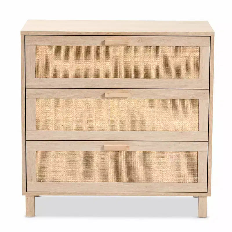 Baxton Studio Sebille Wood with Natural Rattan 3 Drawer Storage Chest Light Brown : Bohemian Style, Particle Board Frame