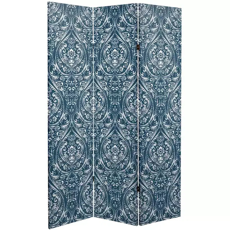 6" Double Sided Ocean Damask Canvas Room Divider Blue - Oriental Furniture: No Assembly, 3 Panels