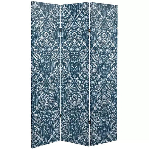 6" Double Sided Ocean Damask Canvas Room Divider Blue - Oriental Furniture: No Assembly, 3 Panels