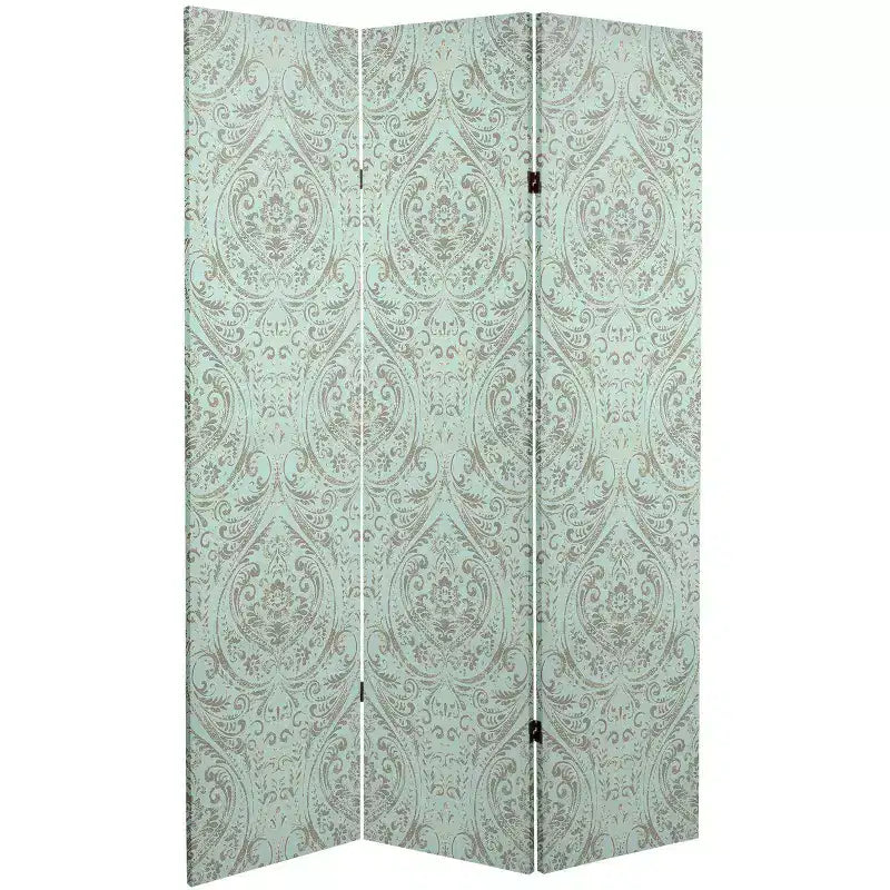 6" Double Sided Ocean Damask Canvas Room Divider Blue - Oriental Furniture: No Assembly, 3 Panels
