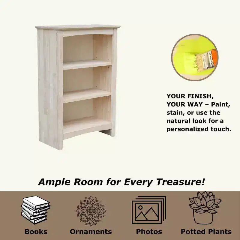 36"x24" Shaker Bookcase Unfinished - International Concepts: Rubberwood Material, 3 Fixed Shelves, Enclosed Back
