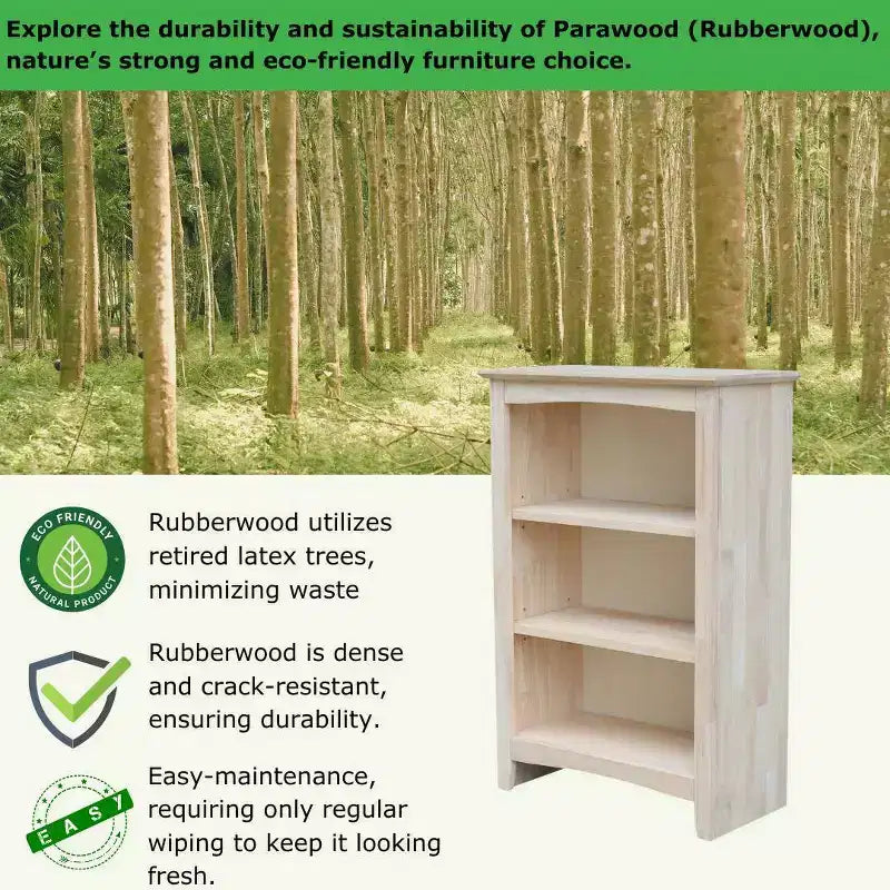 36"x24" Shaker Bookcase Unfinished - International Concepts: Rubberwood Material, 3 Fixed Shelves, Enclosed Back