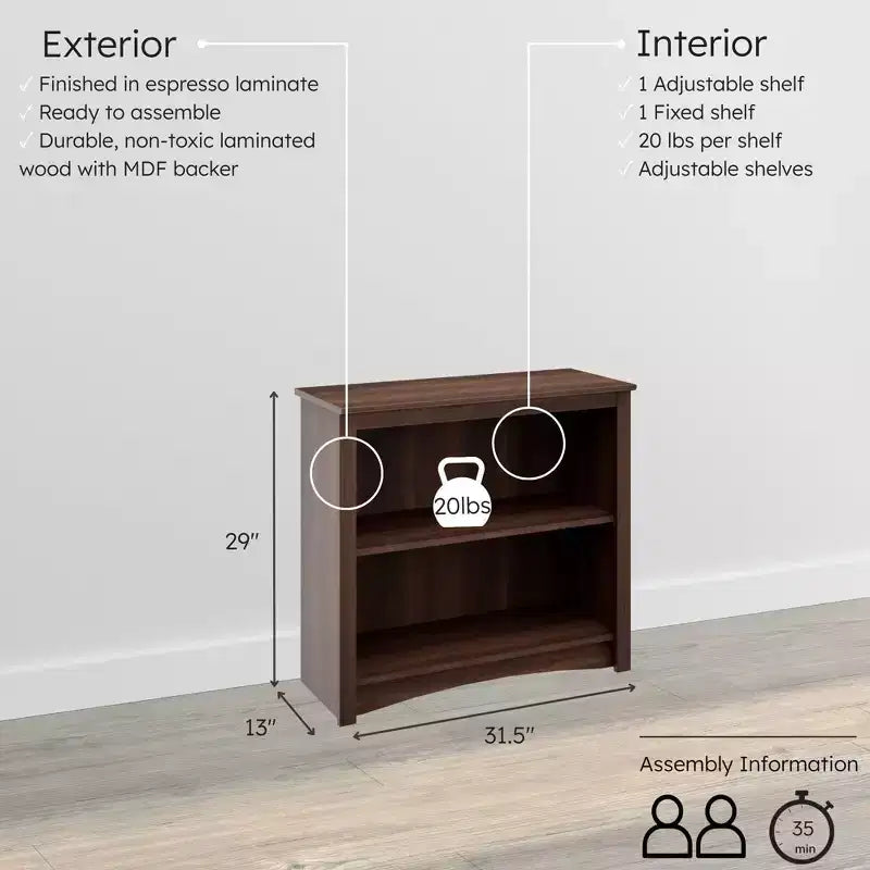 29" 2 Shelf Bookcase Espresso - Prepac: Adjustable Shelves, Laminated Finish, Wood Composite, 40 lbs Capacity
