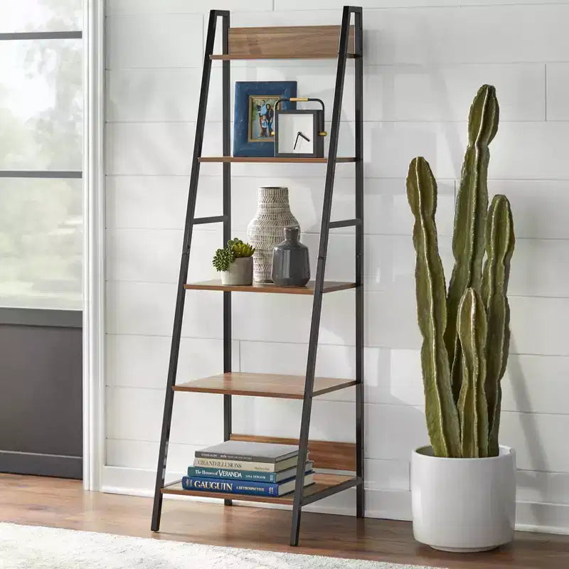 Buylateral Denton 65" Ladder 5 Tier Shelf Walnut/Black: Metal Frame, Open Storage Bookcase