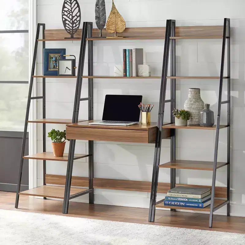 Buylateral Denton 65" Ladder 5 Tier Shelf Walnut/Black: Metal Frame, Open Storage Bookcase