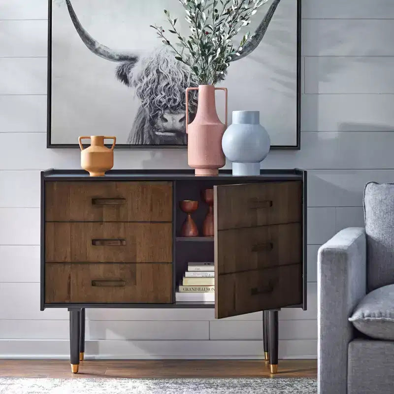 angelo:HOME Randy Mid Century Modern Decorative Buffet Cabinet Black/Walnut