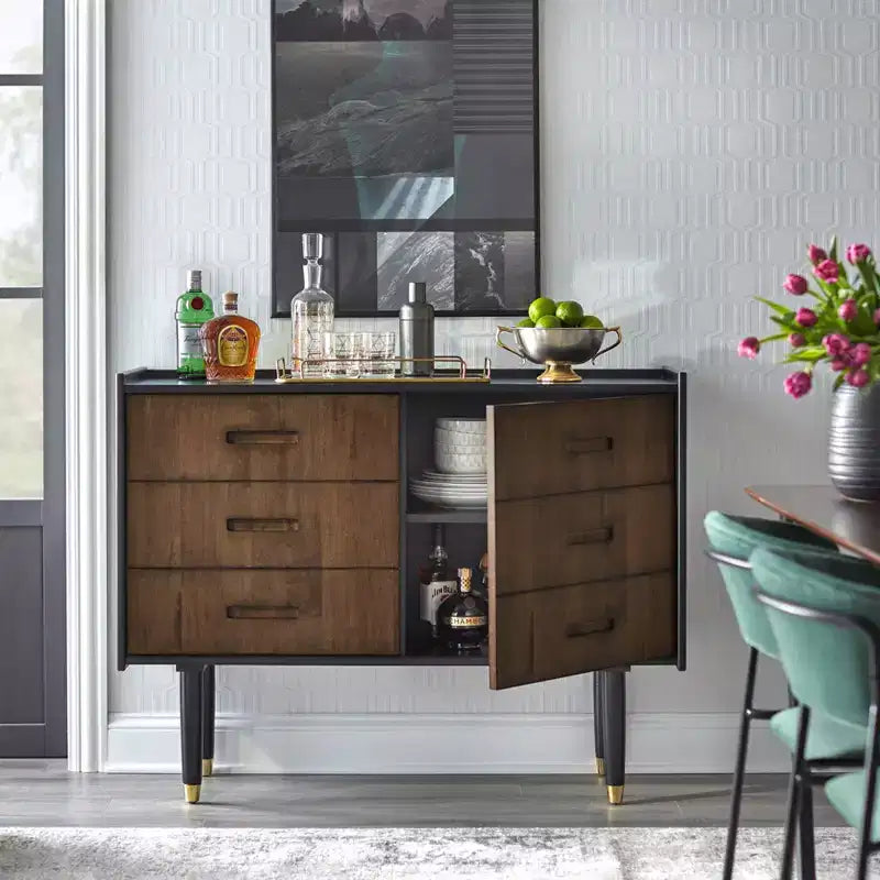 angelo:HOME Randy Mid Century Modern Decorative Buffet Cabinet Black/Walnut
