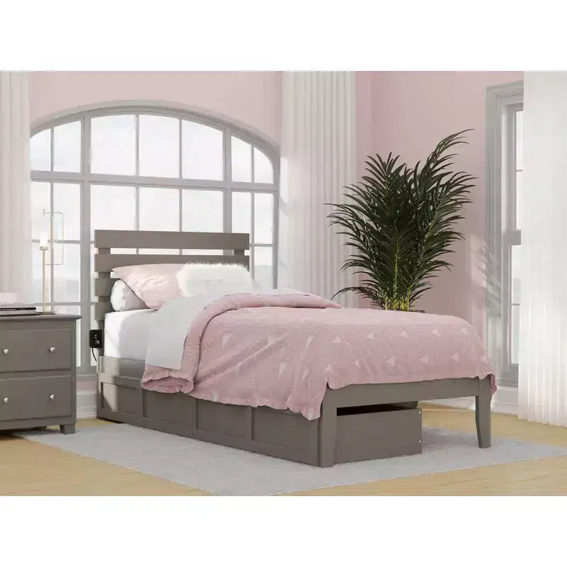 Twin Oxford Bed with USB Turbo Charger and 2 XL Drawers Gray - AFI: Hardwood Frame, Painted Finish, 600 lb Capacity