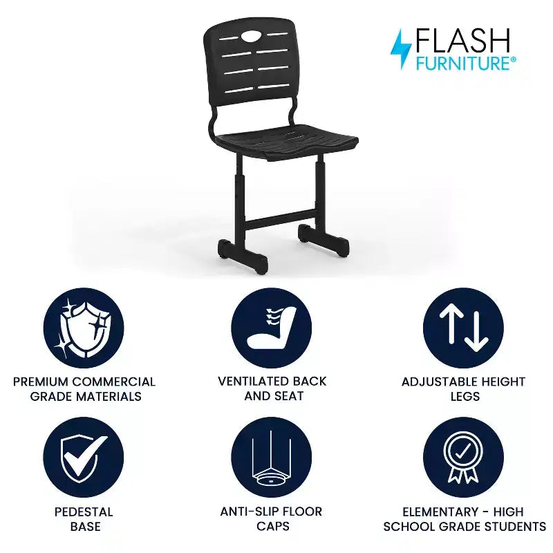Flash Furniture Nila Adjustable Height Black Student Chair with Black Pedestal Frame for School, Classroom, Remote Learning