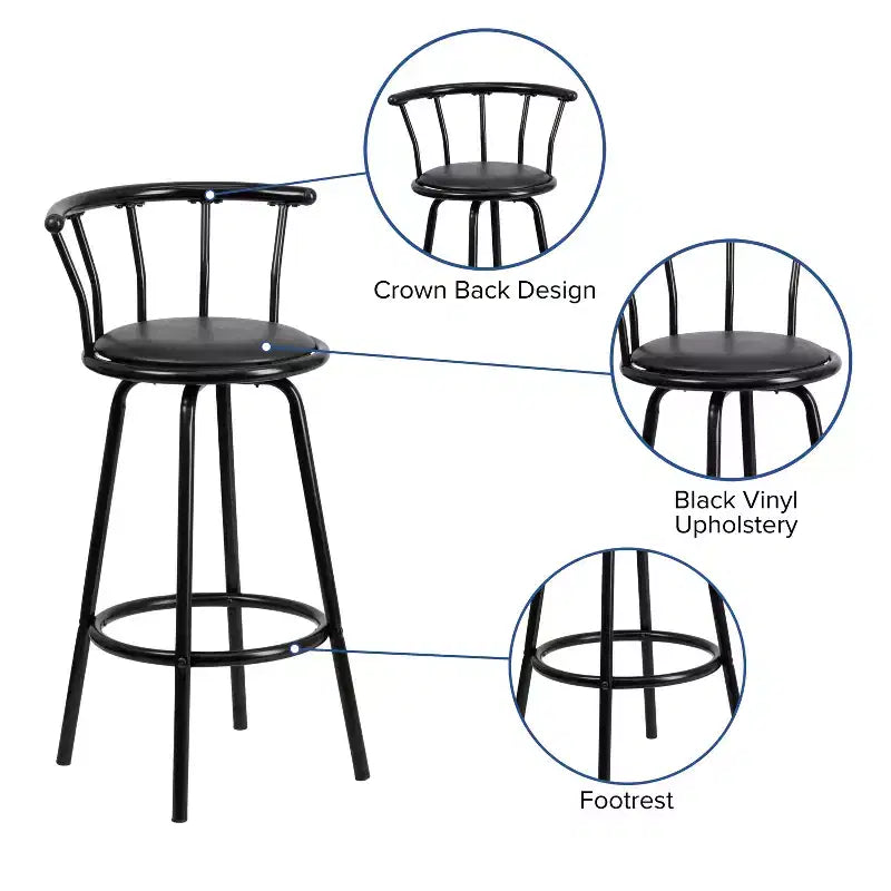 Flash Furniture Crown Back Black Metal Barstool with Black Vinyl Swivel Seat