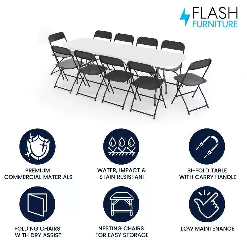 Flash Furniture Kathryn 8' Bi-Fold Granite White Plastic Event/Training Folding Table Set with 10 Folding Chairs