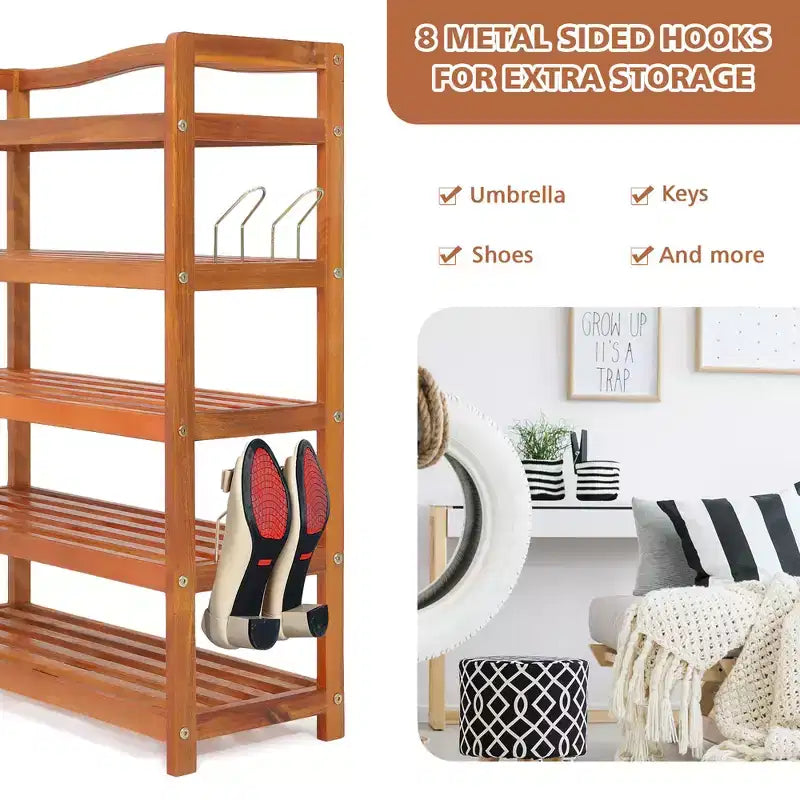 Costway 5-Tier Wood Shoe Rack Solid Acacia Wood Shoe Shelf with Side Metal Hooks