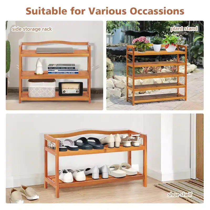 Costway 5-Tier Wood Shoe Rack Solid Acacia Wood Shoe Shelf with Side Metal Hooks