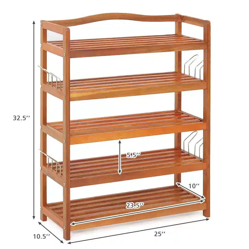 Costway 5-Tier Wood Shoe Rack Solid Acacia Wood Shoe Shelf with Side Metal Hooks