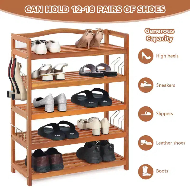 Costway 5-Tier Wood Shoe Rack Solid Acacia Wood Shoe Shelf with Side Metal Hooks