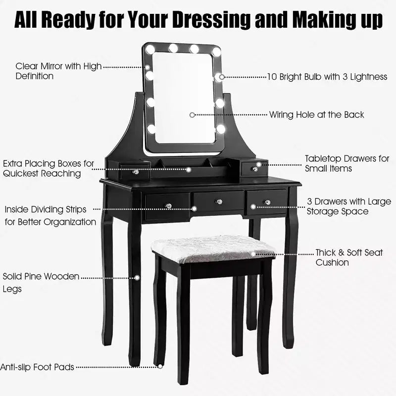 Costway Vanity Dressing Table Set w/ 10 Dimmable Bulbs Touch Switch Cushion Stool White\Black\Brown