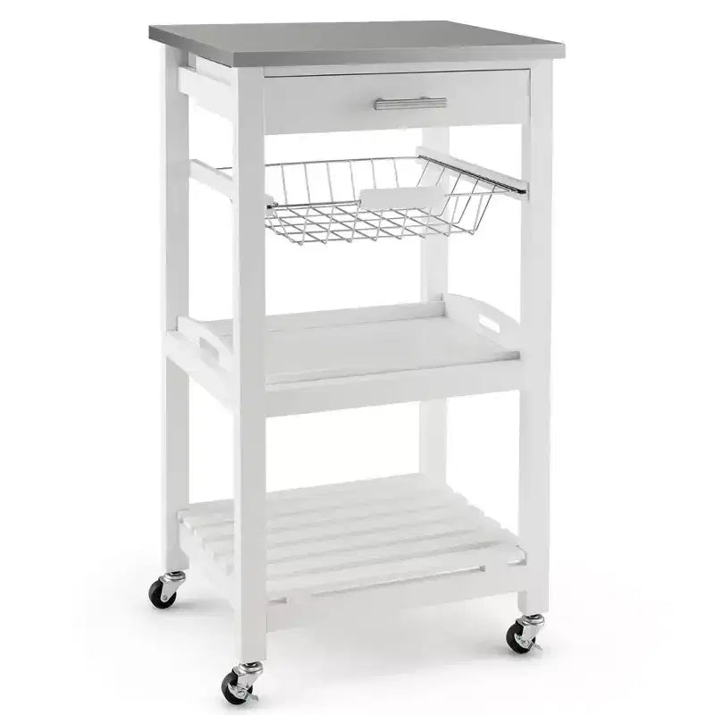 Costway Compact Kitchen Island Cart Rolling Service Trolley with Stainless Steel Top Basket