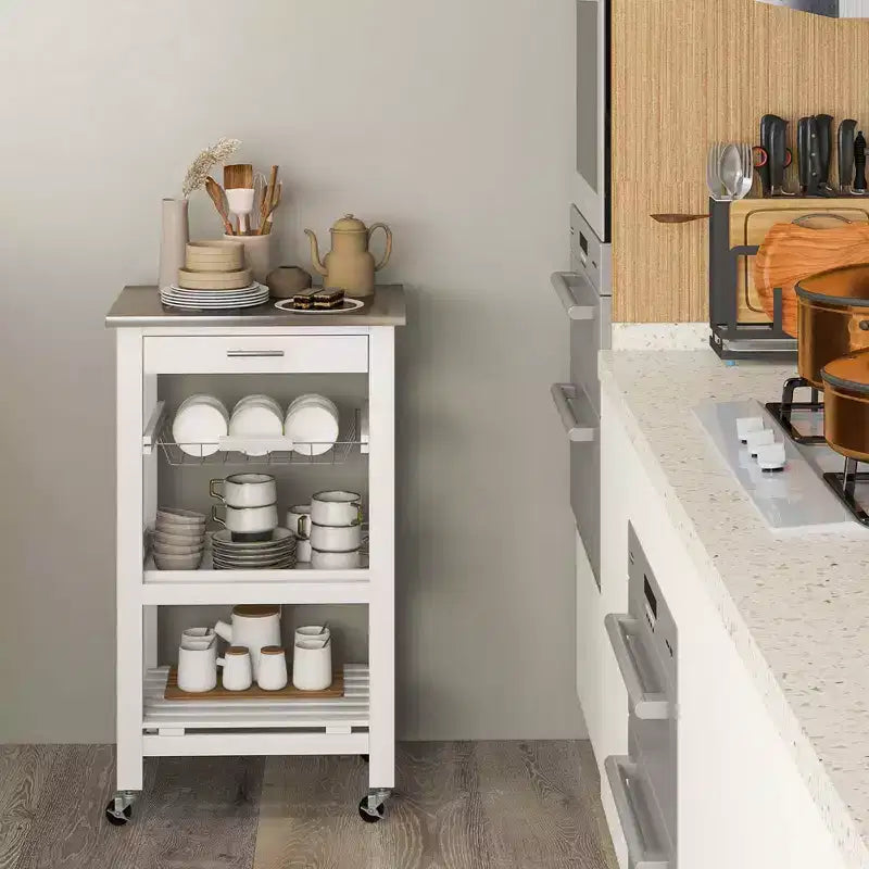 Costway Compact Kitchen Island Cart Rolling Service Trolley with Stainless Steel Top Basket
