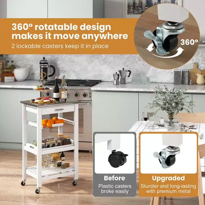 Costway Compact Kitchen Island Cart Rolling Service Trolley with Stainless Steel Top Basket