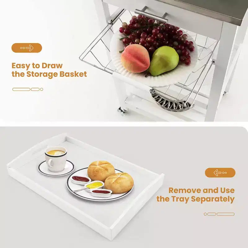 Costway Compact Kitchen Island Cart Rolling Service Trolley with Stainless Steel Top Basket