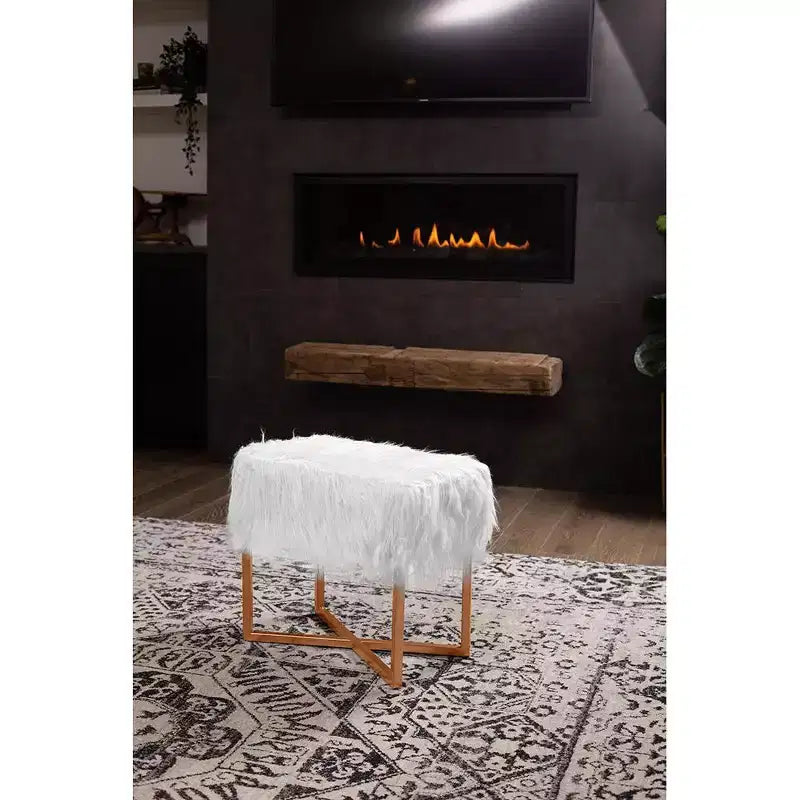 BirdRock Home Rectangular White Faux Fur Foot Stool Ottoman with Gold Legs