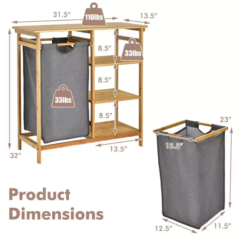 Costway Laundry Hamper Basket Table Bamboo w/Storage Shelves and Sliding Bag