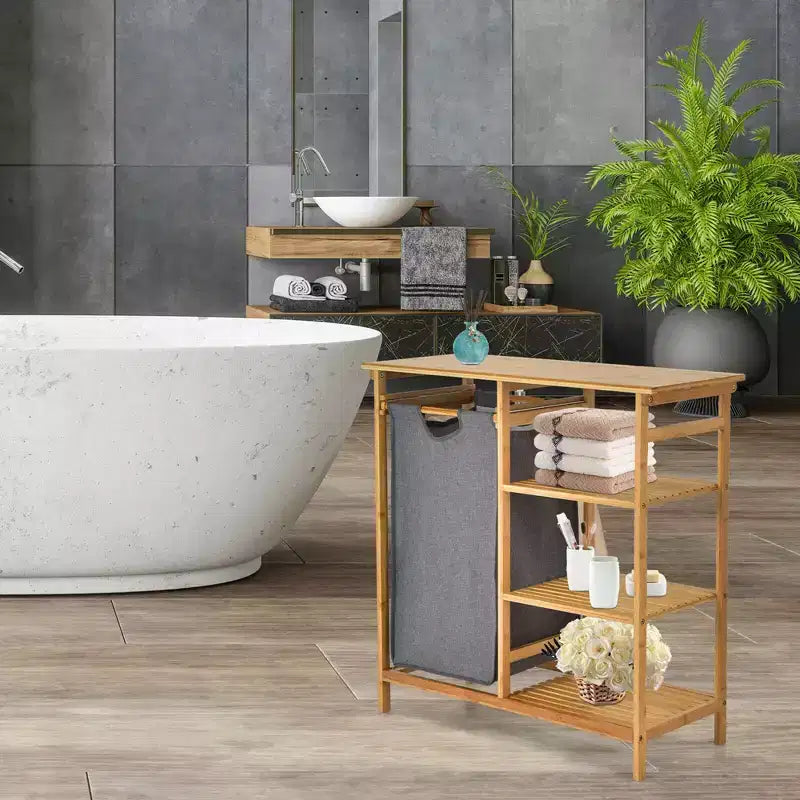 Costway Laundry Hamper Basket Table Bamboo w/Storage Shelves and Sliding Bag