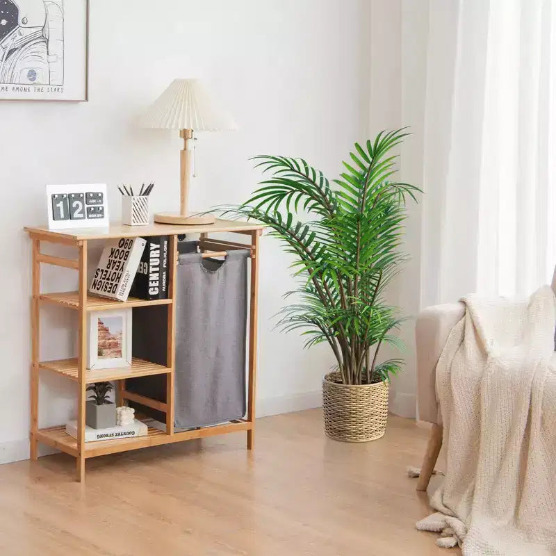 Costway Laundry Hamper Basket Table Bamboo w/Storage Shelves and Sliding Bag