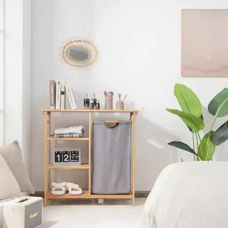 Costway Laundry Hamper Basket Table Bamboo w/Storage Shelves and Sliding Bag