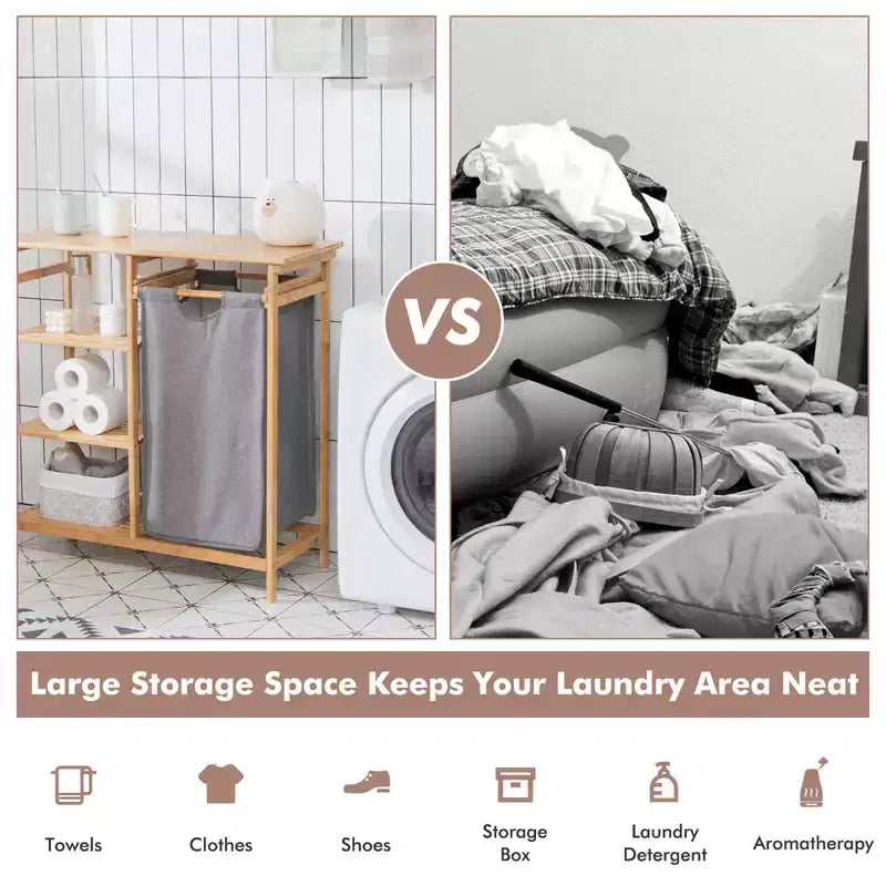 Costway Laundry Hamper Basket Table Bamboo w/Storage Shelves and Sliding Bag
