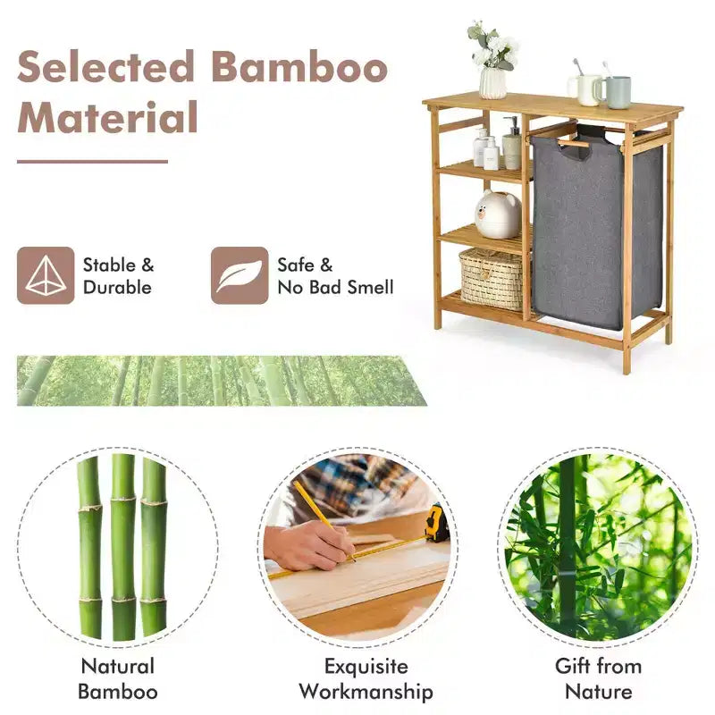 Costway Laundry Hamper Basket Table Bamboo w/Storage Shelves and Sliding Bag