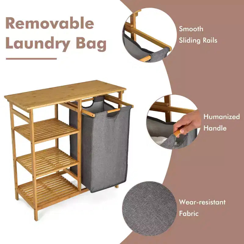 Costway Laundry Hamper Basket Table Bamboo w/Storage Shelves and Sliding Bag