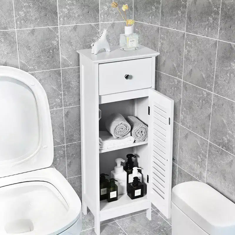 Costway Bathroom Floor Storage Cabinet Side Wooden Organizer w/ Drawer & Shutter Door