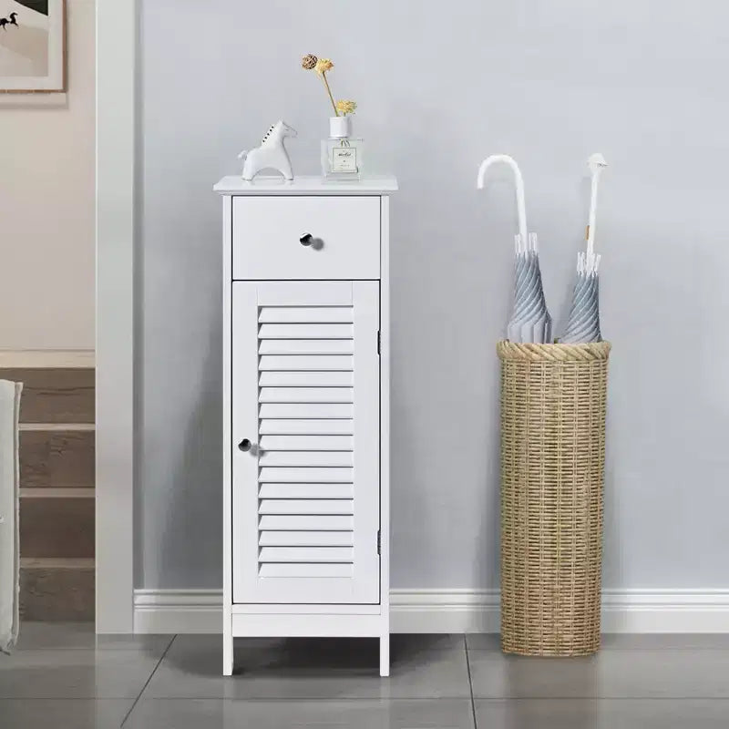 Costway Bathroom Floor Storage Cabinet Side Wooden Organizer w/ Drawer & Shutter Door