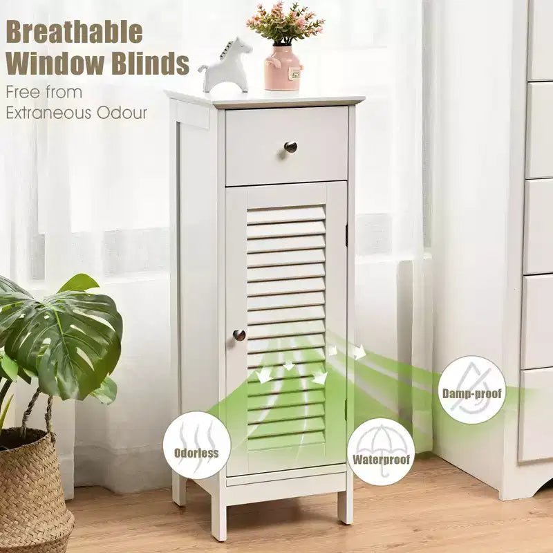 Costway Bathroom Floor Storage Cabinet Side Wooden Organizer w/ Drawer & Shutter Door