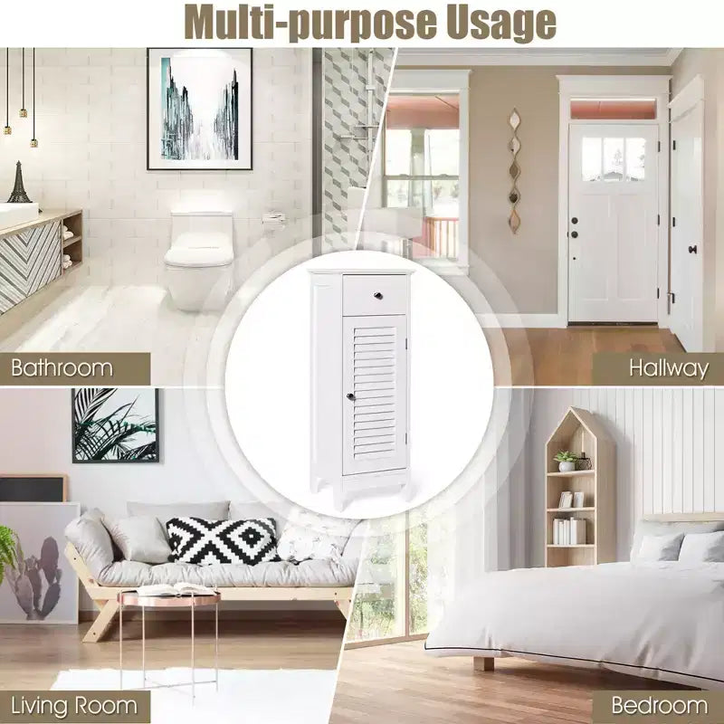 Costway Bathroom Floor Storage Cabinet Side Wooden Organizer w/ Drawer & Shutter Door