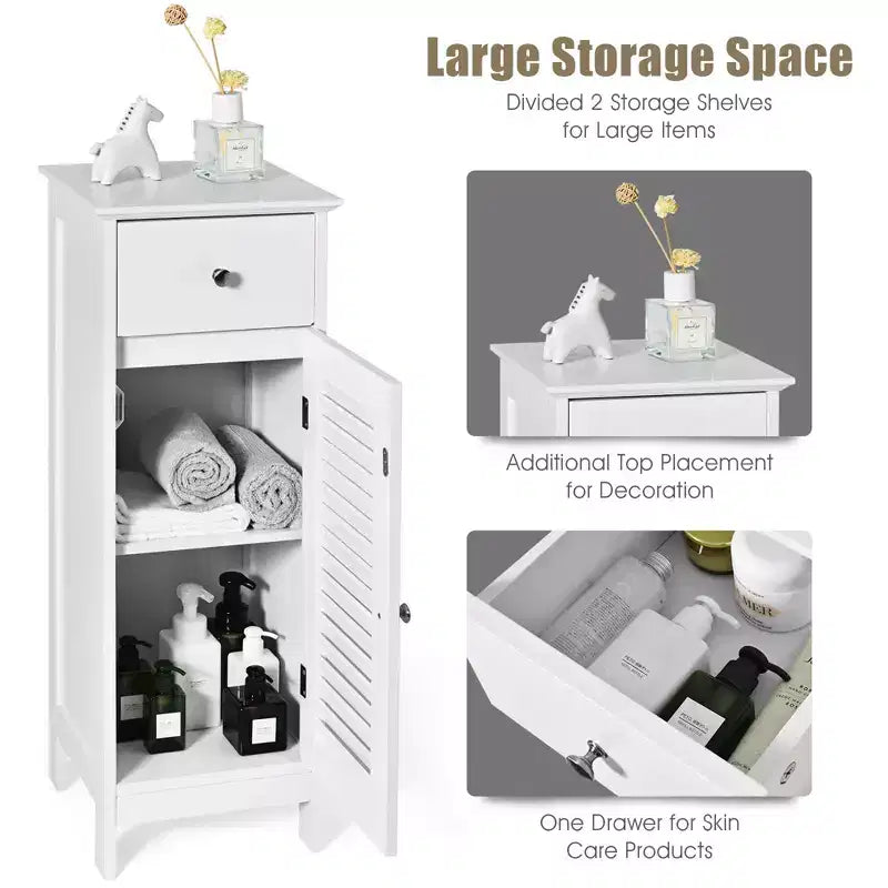 Costway Bathroom Floor Storage Cabinet Side Wooden Organizer w/ Drawer & Shutter Door
