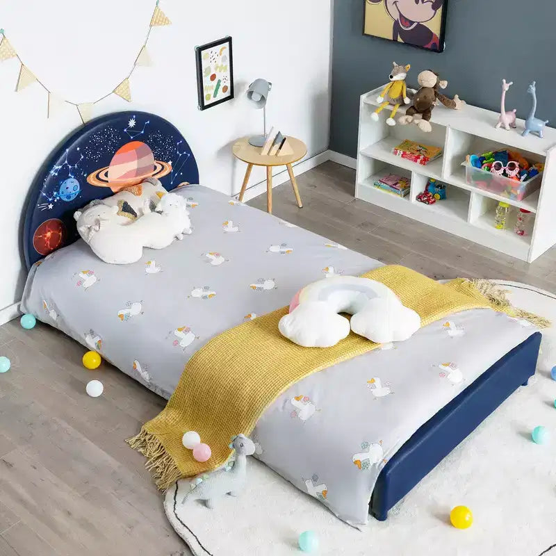 Costway Kids Upholstered Platform Bed Children Twin Size Wooden Bed Galaxy Pattern