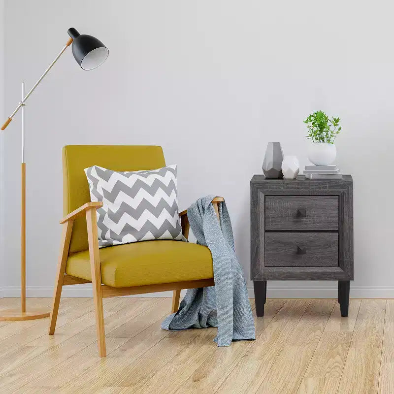 Costway 2PCS Nightstand W/2 Drawer Multipurpose Retro Grey Bedside Table Fully Assembled