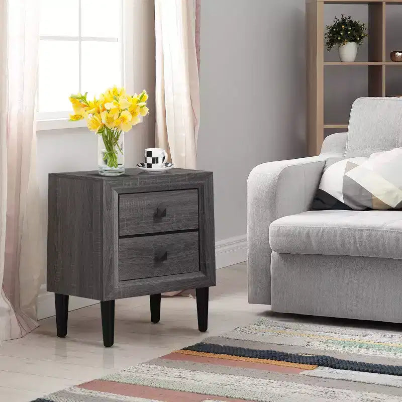 Costway 2PCS Nightstand W/2 Drawer Multipurpose Retro Grey Bedside Table Fully Assembled
