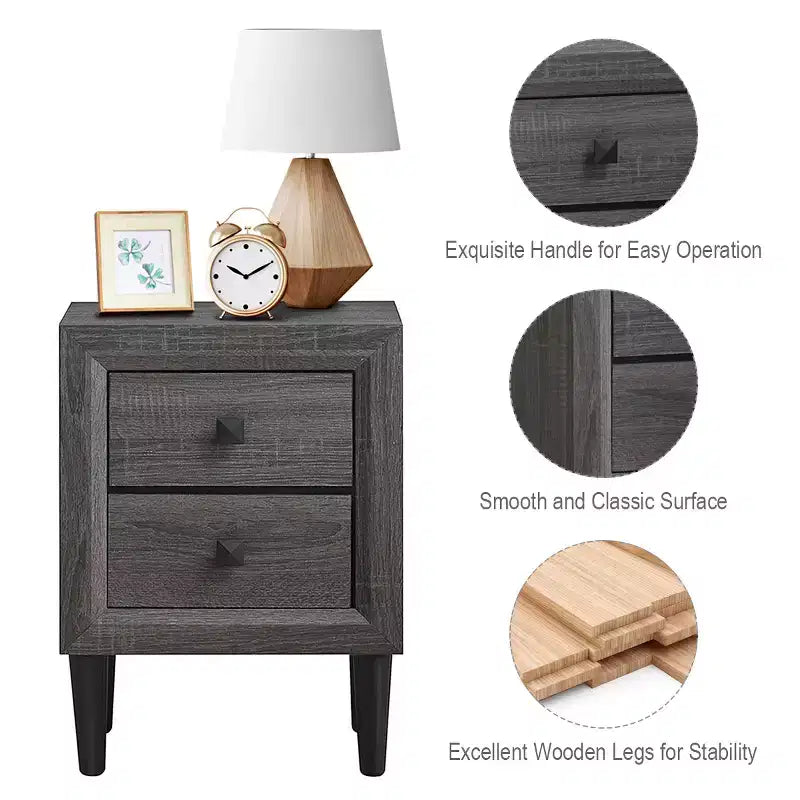 Costway 2PCS Nightstand W/2 Drawer Multipurpose Retro Grey Bedside Table Fully Assembled