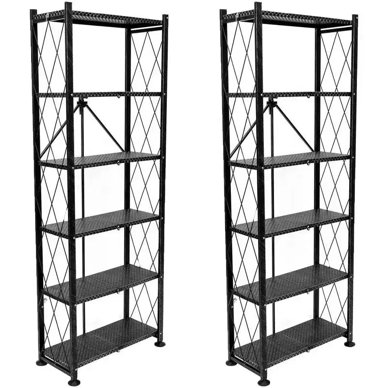 Origami 6 Tier Classic Steel Bookcase Organizer Storage Rack, Black (2 Pack)