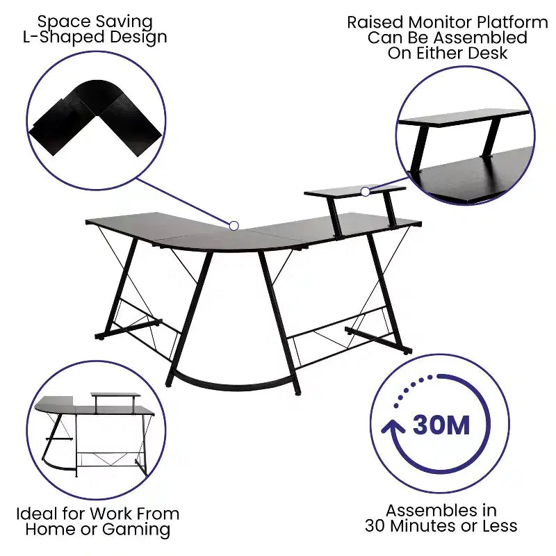 Emma and Oliver L-Shaped Computer Desk, Gaming Desk, Home Office Desk, Frame