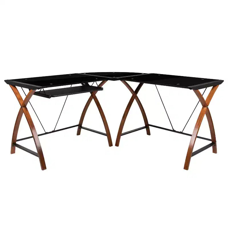 Emma and Oliver Glass L-Shape Corner Computer Desk with Pull-Out Keyboard Tray