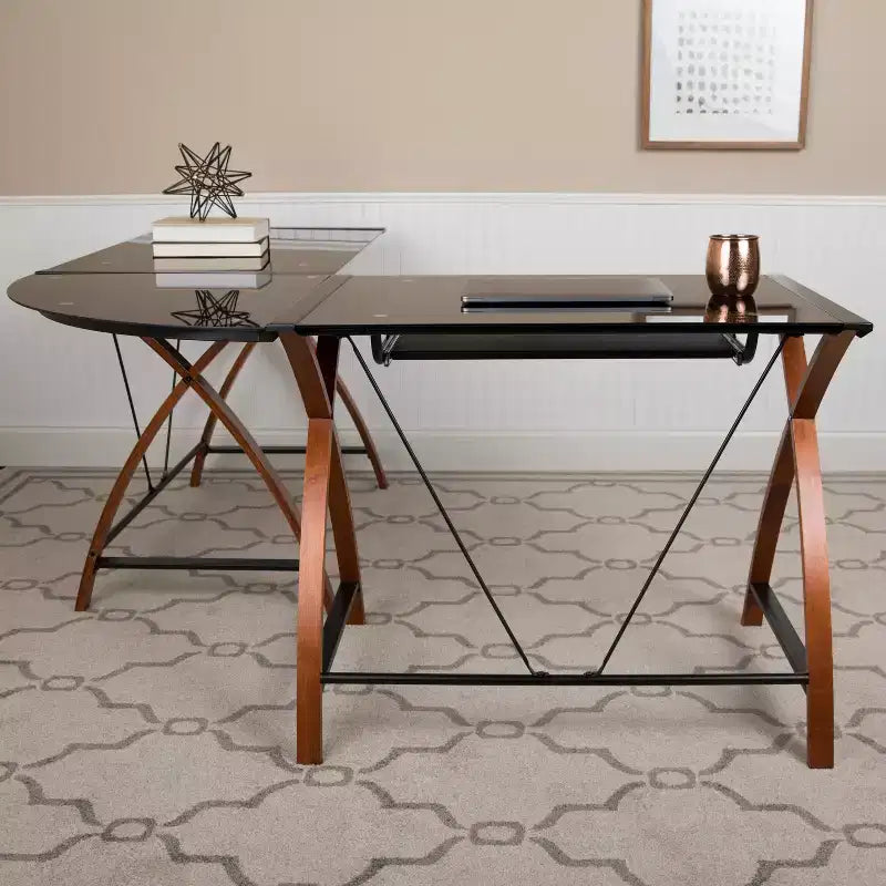 Emma and Oliver Glass L-Shape Corner Computer Desk with Pull-Out Keyboard Tray