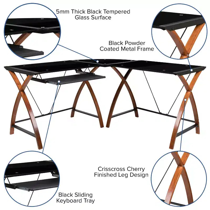 Emma and Oliver Glass L-Shape Corner Computer Desk with Pull-Out Keyboard Tray
