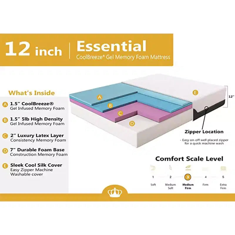 Dynasty Mattress 12 Inch Medium Firm CoolBreeze Advanced Cooling Gel Infused Open Cell Memory Foam Mattress and Cool Silk Cover